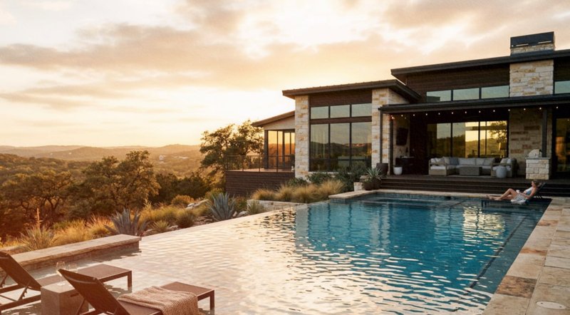 An infinity-edge pool beside a modern home at sunset