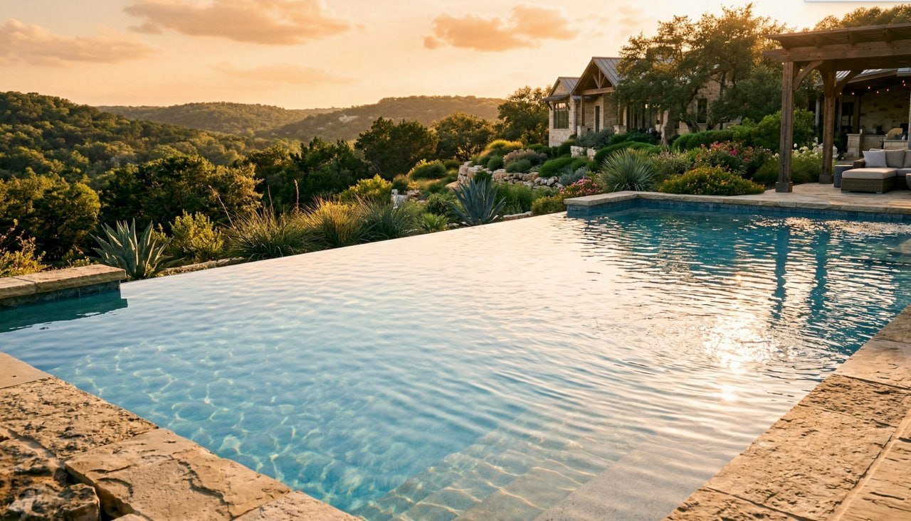 An infinity-edge pool at sunset beside a stone house and terraced planting beds