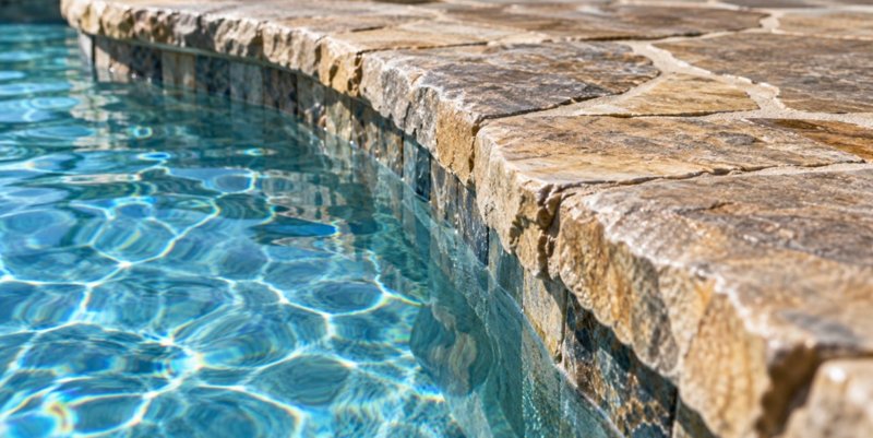 A pool with curved stone coping and clear blue water