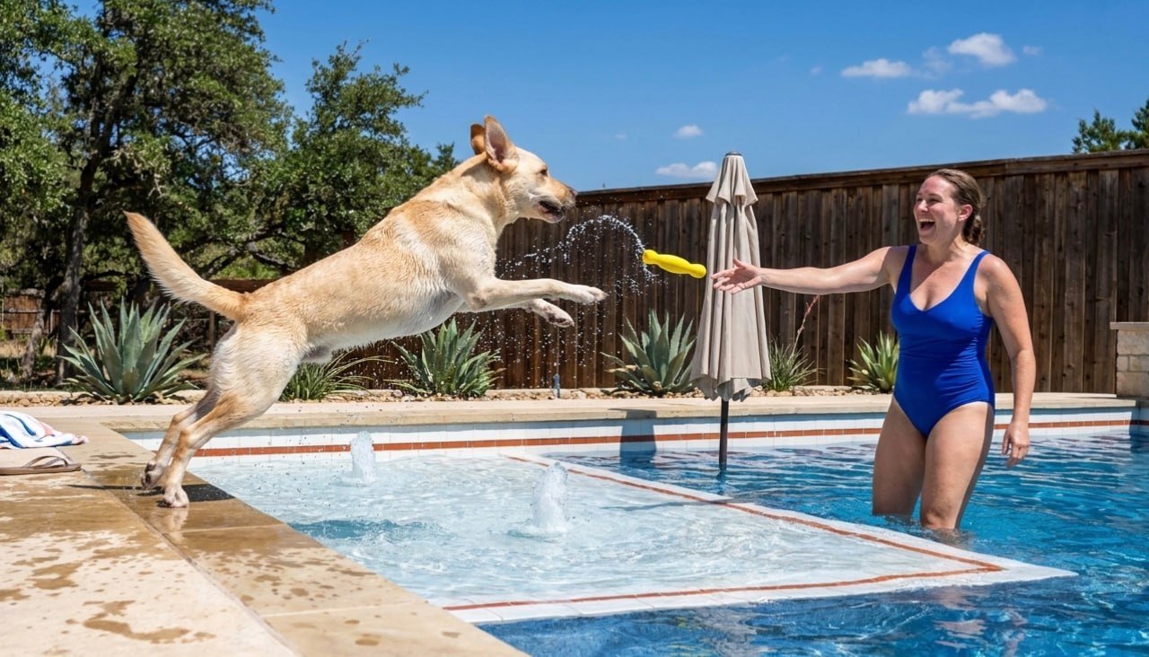 A dog leaps for a toy over the tanning ledge while a woman reaches out
