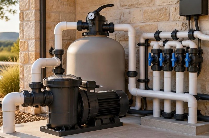 A pool equipment pad with filter tank, pump and valves