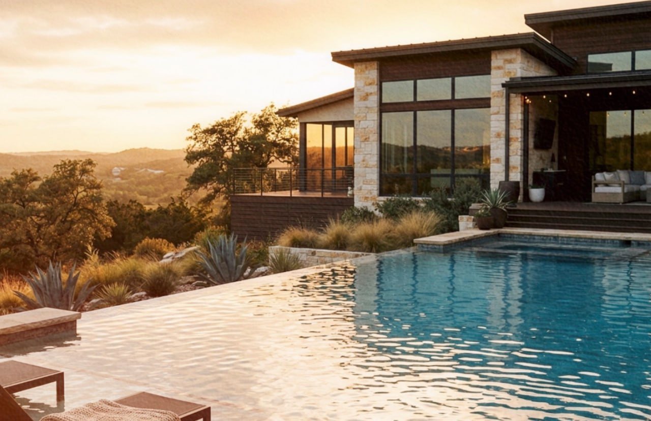 A modern hillside home and its pool at sunset, with wooded hills beyond