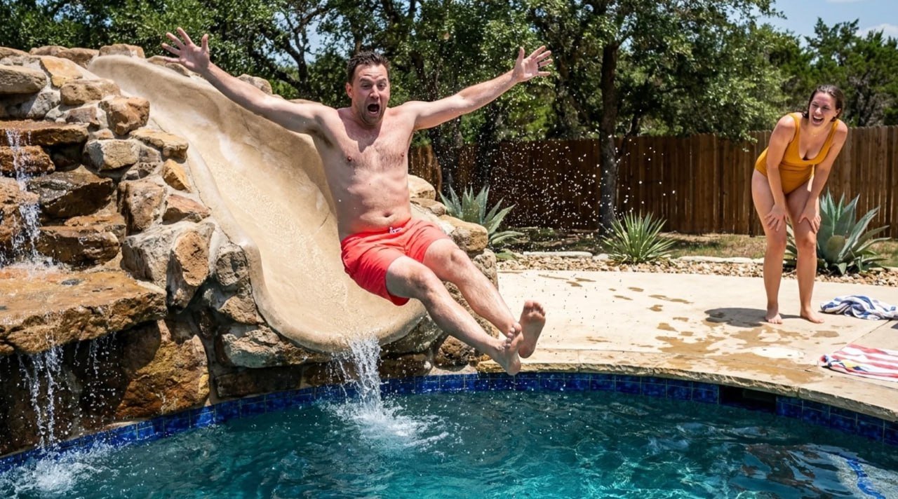 A man flies off a rock slide into the pool while a woman laughs on the deck