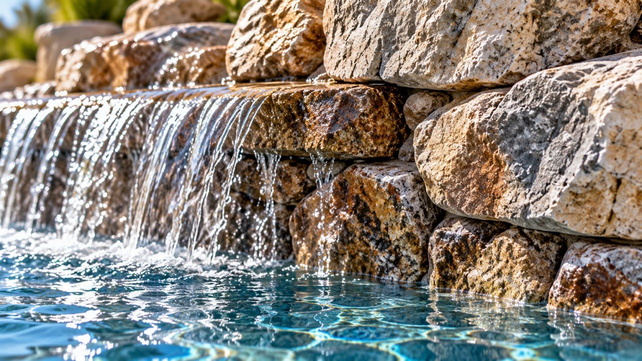 Water spills over stacked rock into a turquoise pool
