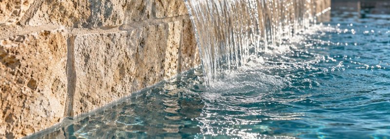 A sheet waterfall pouring from a stone wall into a pool