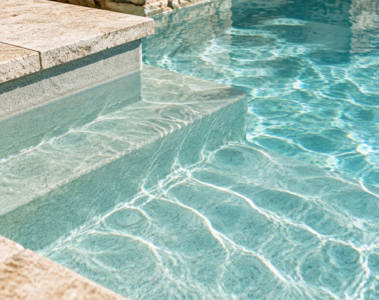 Wide submerged entry steps in clear water, edged with beige stone coping