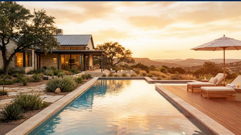 A pool beside a stone house in evening light