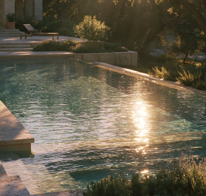 A clear, freshly kept pool with stone steps and terrace in late-afternoon light