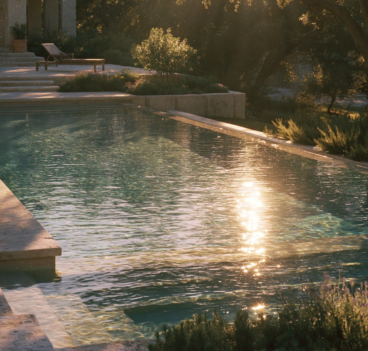 A large pool and stone terrace in low golden light