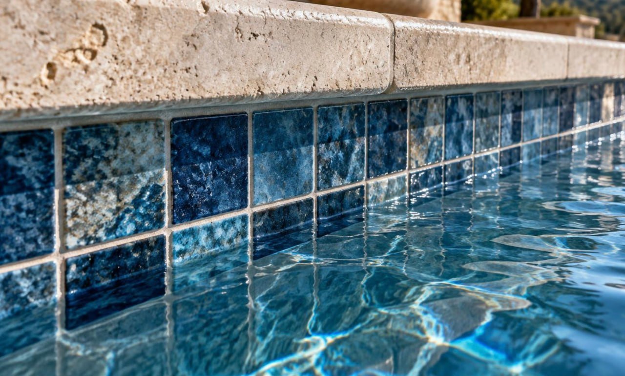 Blue waterline tile under textured stone coping at the water line