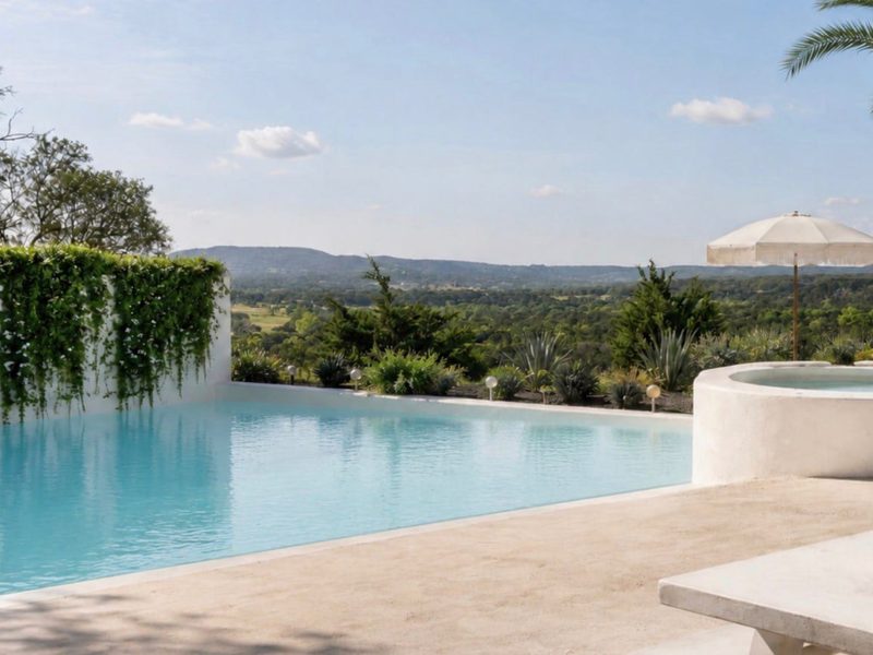 Pool with stone terrace and raised spa overlooking the Hill Country