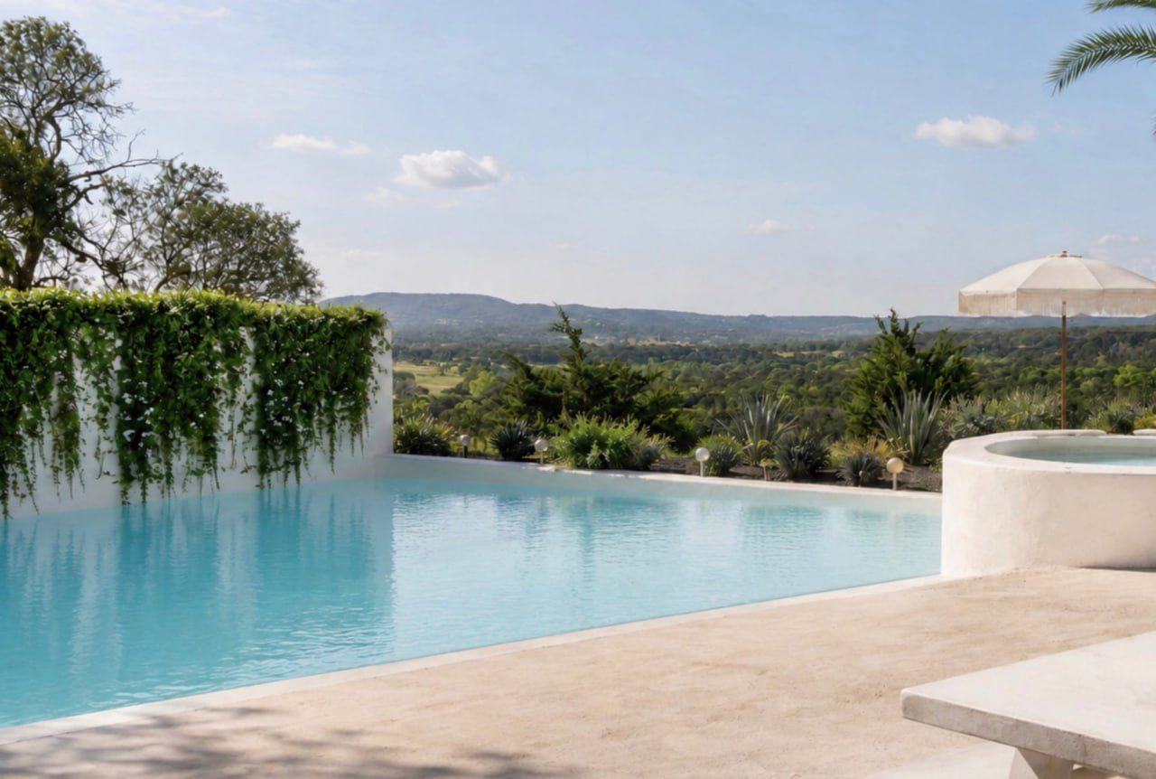 The founder's own pool: turquoise water, stone terrace and a raised round spa