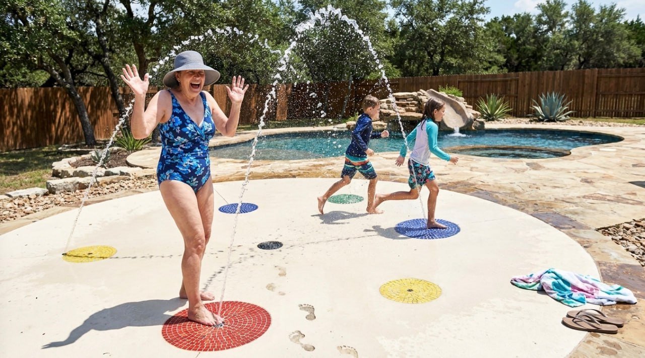 Children run through a splash pad, with a rock slide pool behind