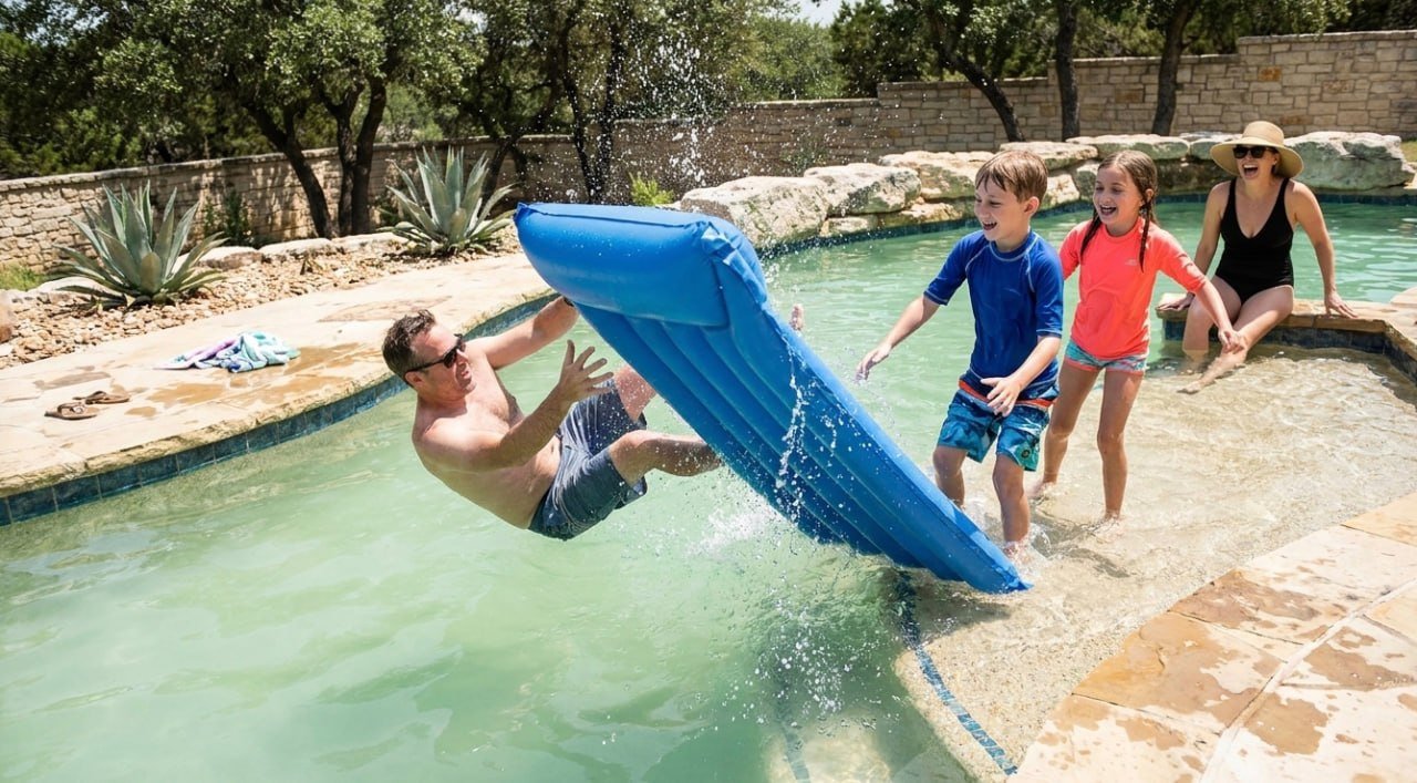 A man tumbles off a float while two children watch from the pool ledge