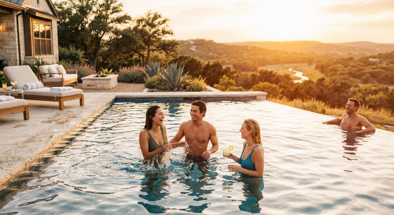 Four adults talk in an infinity-edge pool at sunset, wooded hills behind