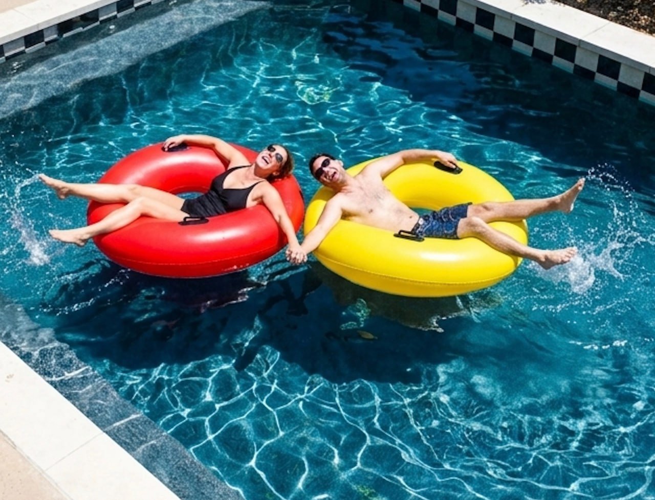 Two adults relax on pool floats, seen from overhead